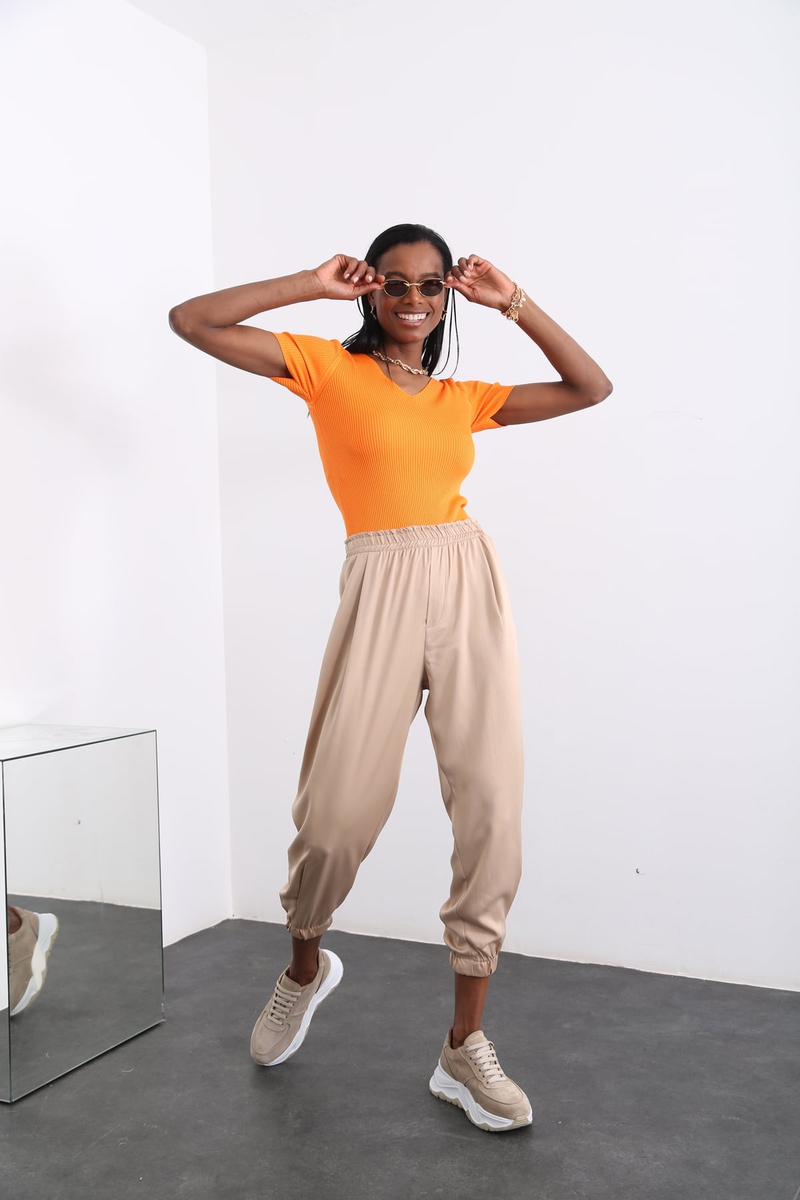 Oranj V Yaka Fitilli Tshirt 21400
