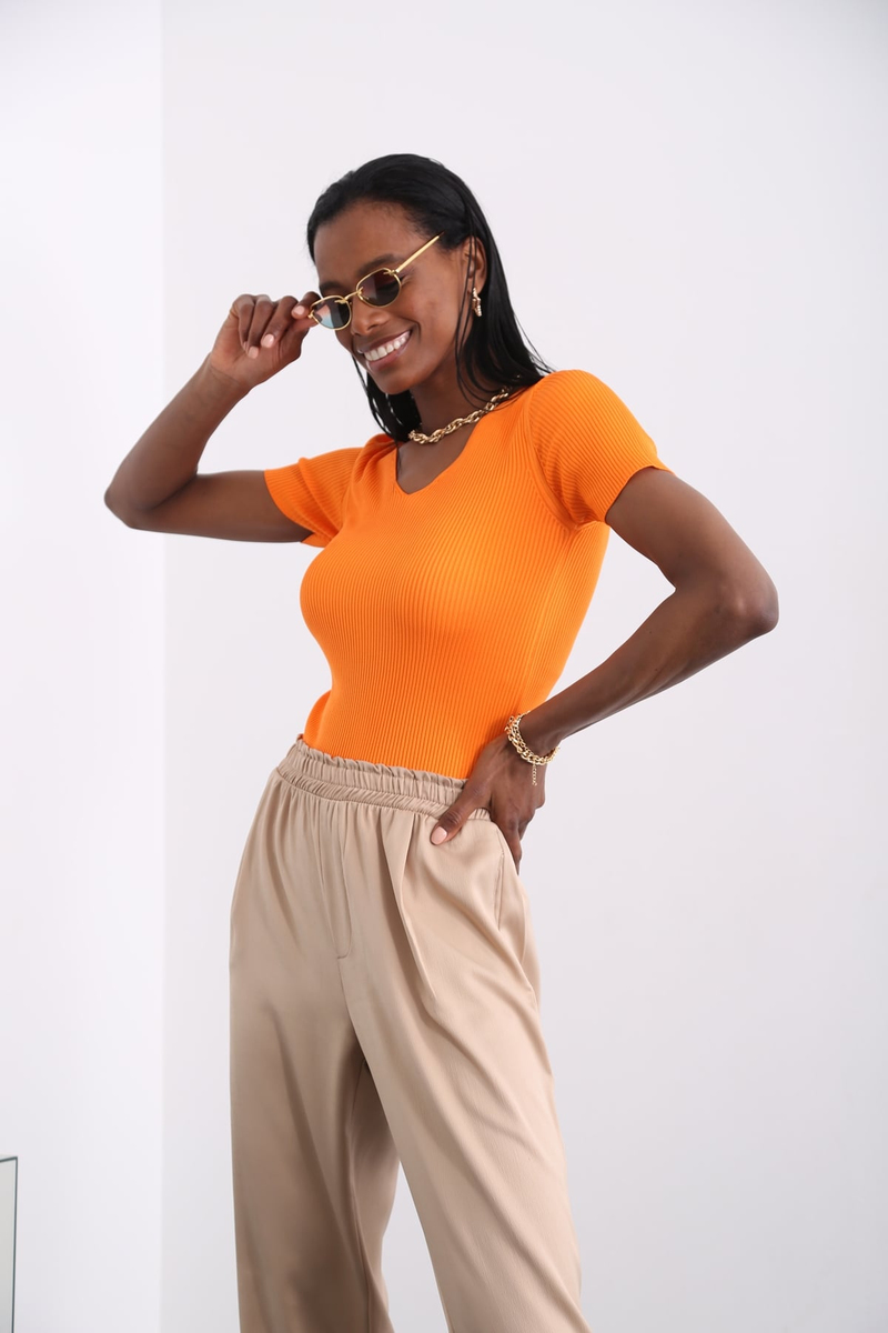 Oranj V Yaka Fitilli Tshirt 21400