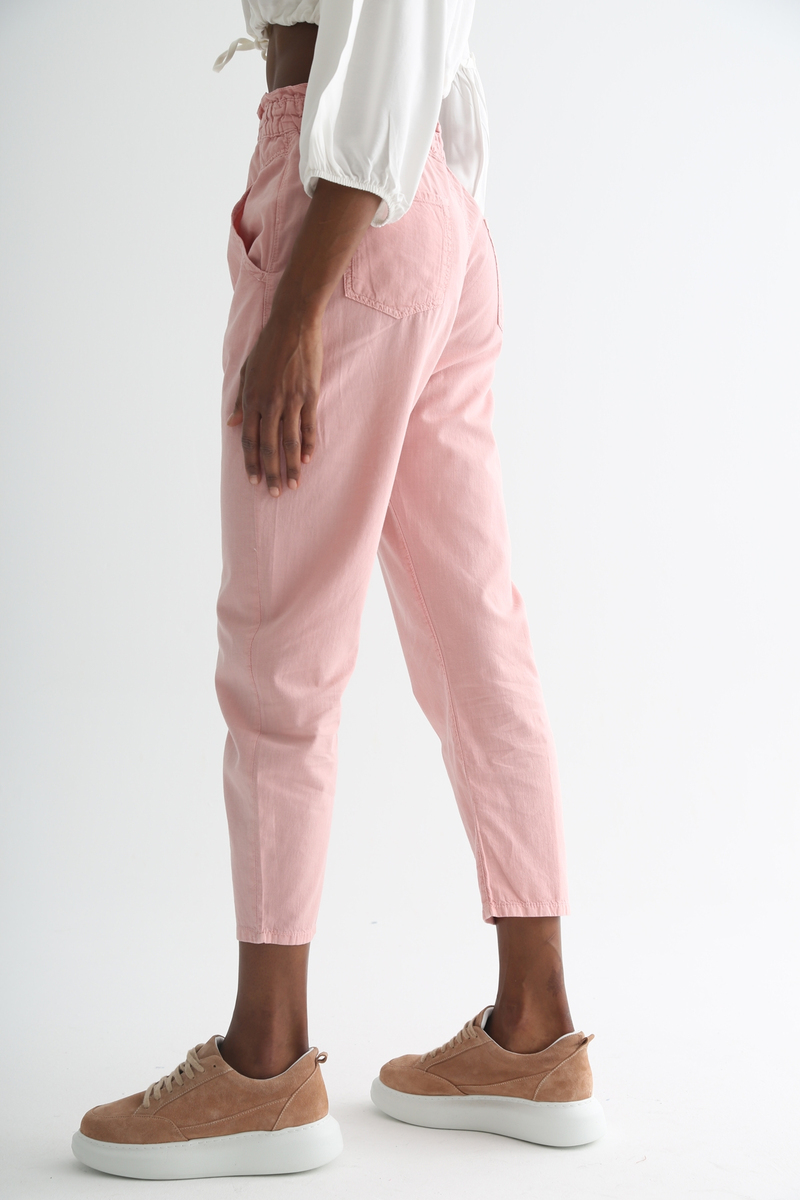 Pembe Beli Lastikli Keten Pantolon 