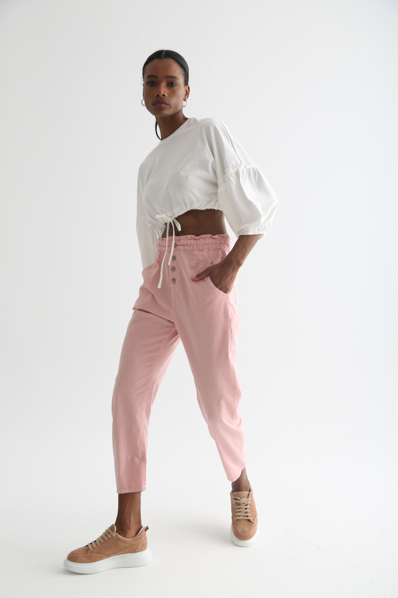 Pembe Beli Lastikli Keten Pantolon 