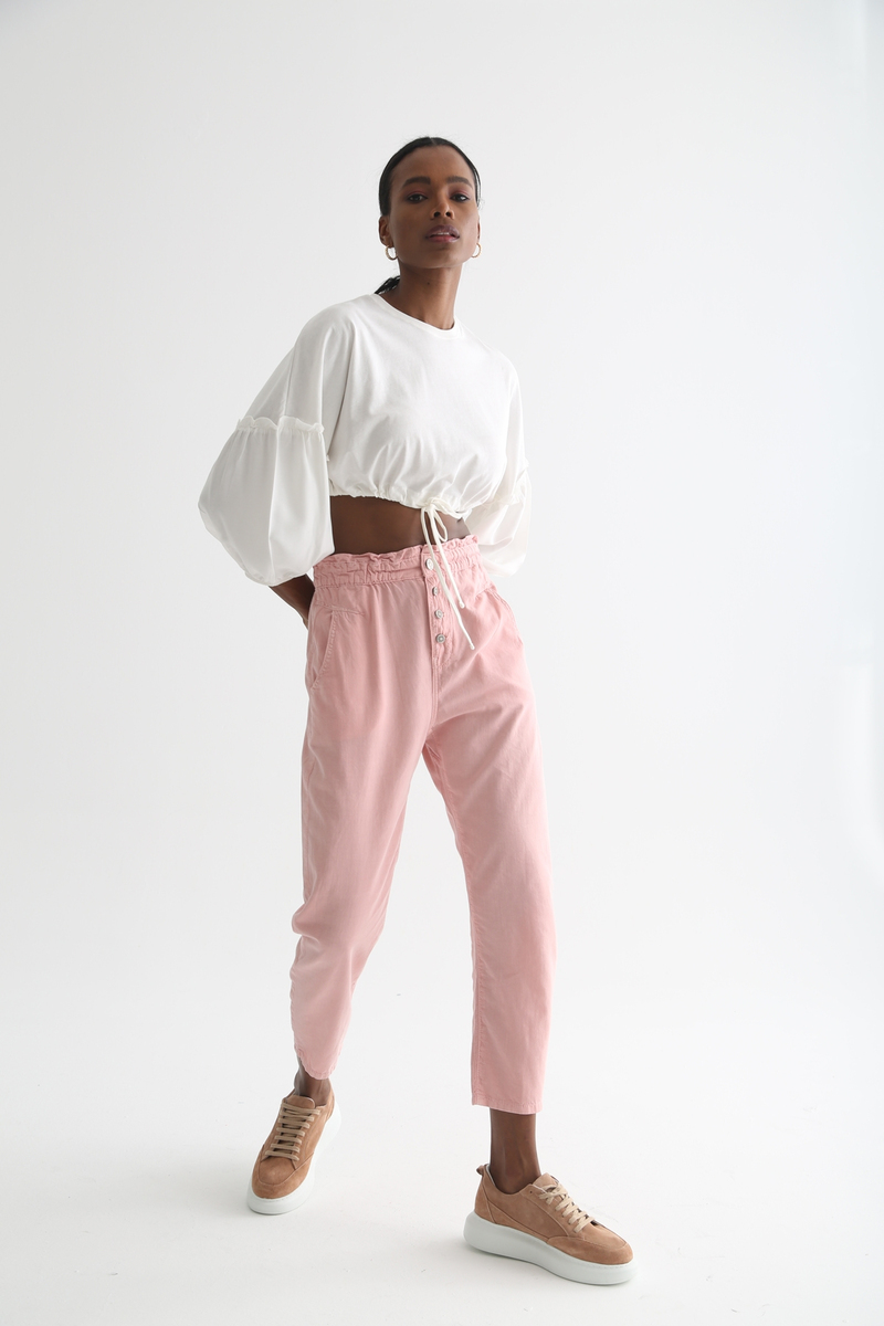 Pembe Beli Lastikli Keten Pantolon 