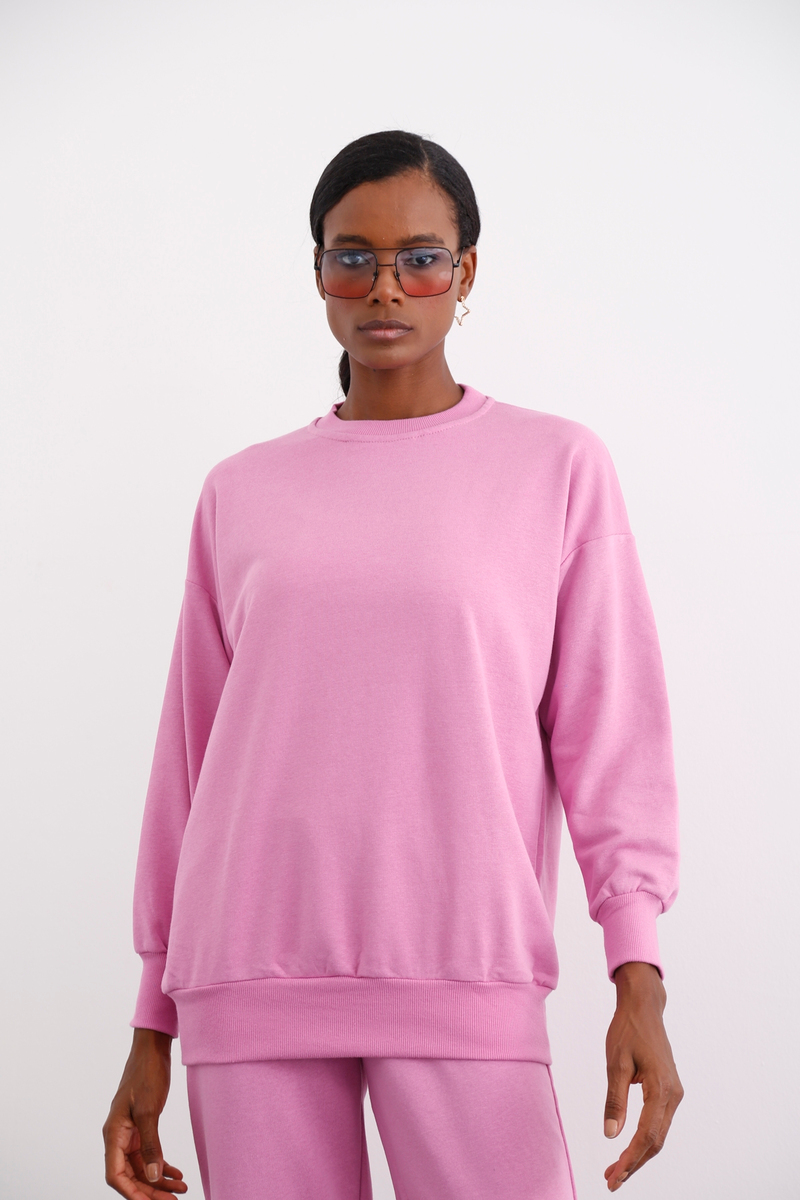 Pembe Bisiklet Yaka Basic Sweatshirt 3200