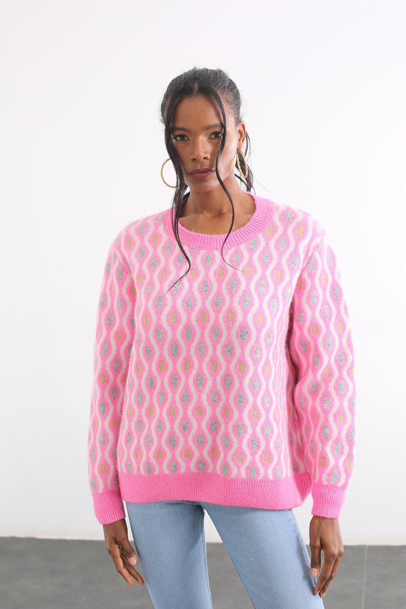 Pembe Bisiklet Yaka Desenli Triko Kazak T93719