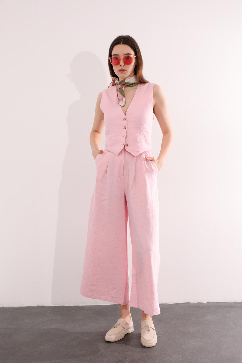 Pembe Bol Paça Keten Pantolon 1563
