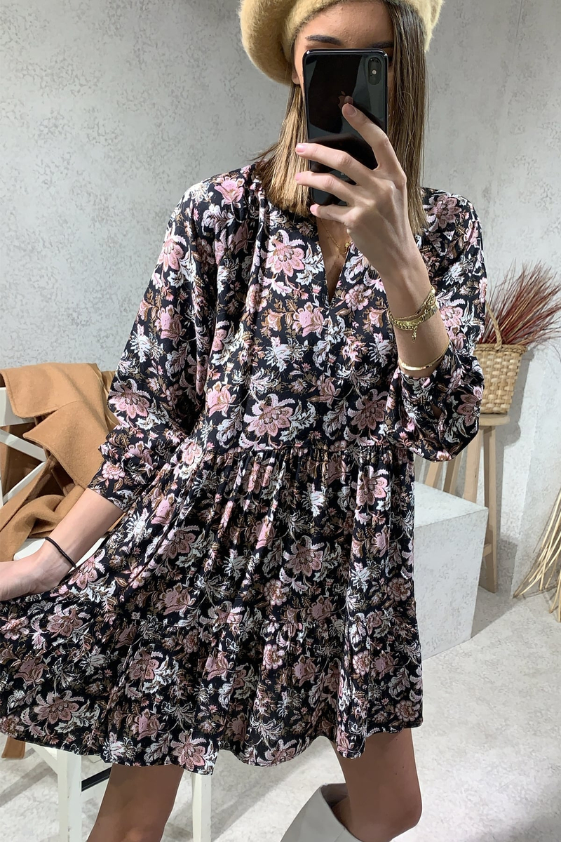 Pembe Çiçek Desenli Mini Elbise
