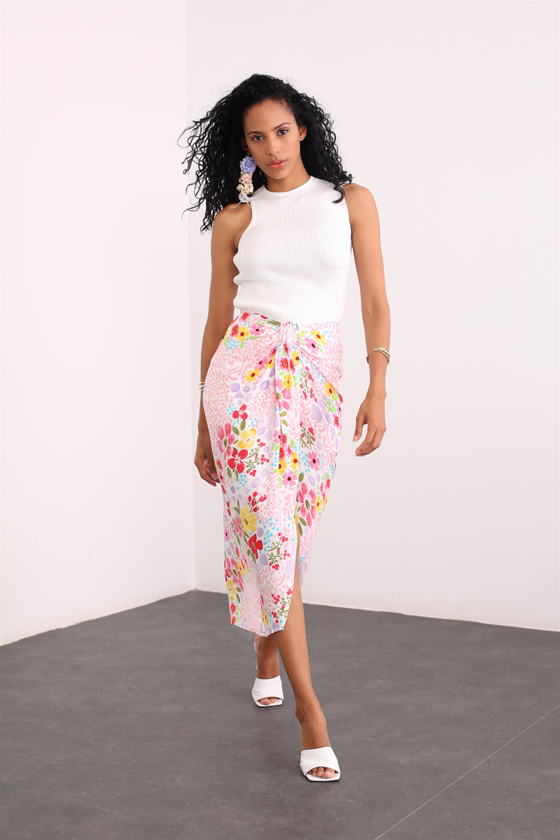 Pembe Çiçekli Midi Etek 13379