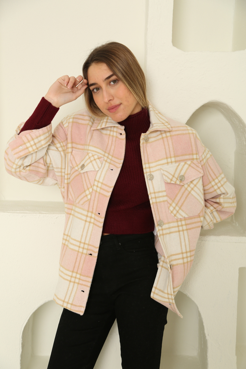 Pembe Çift Cep Ekose Gömlek Ceket 6055