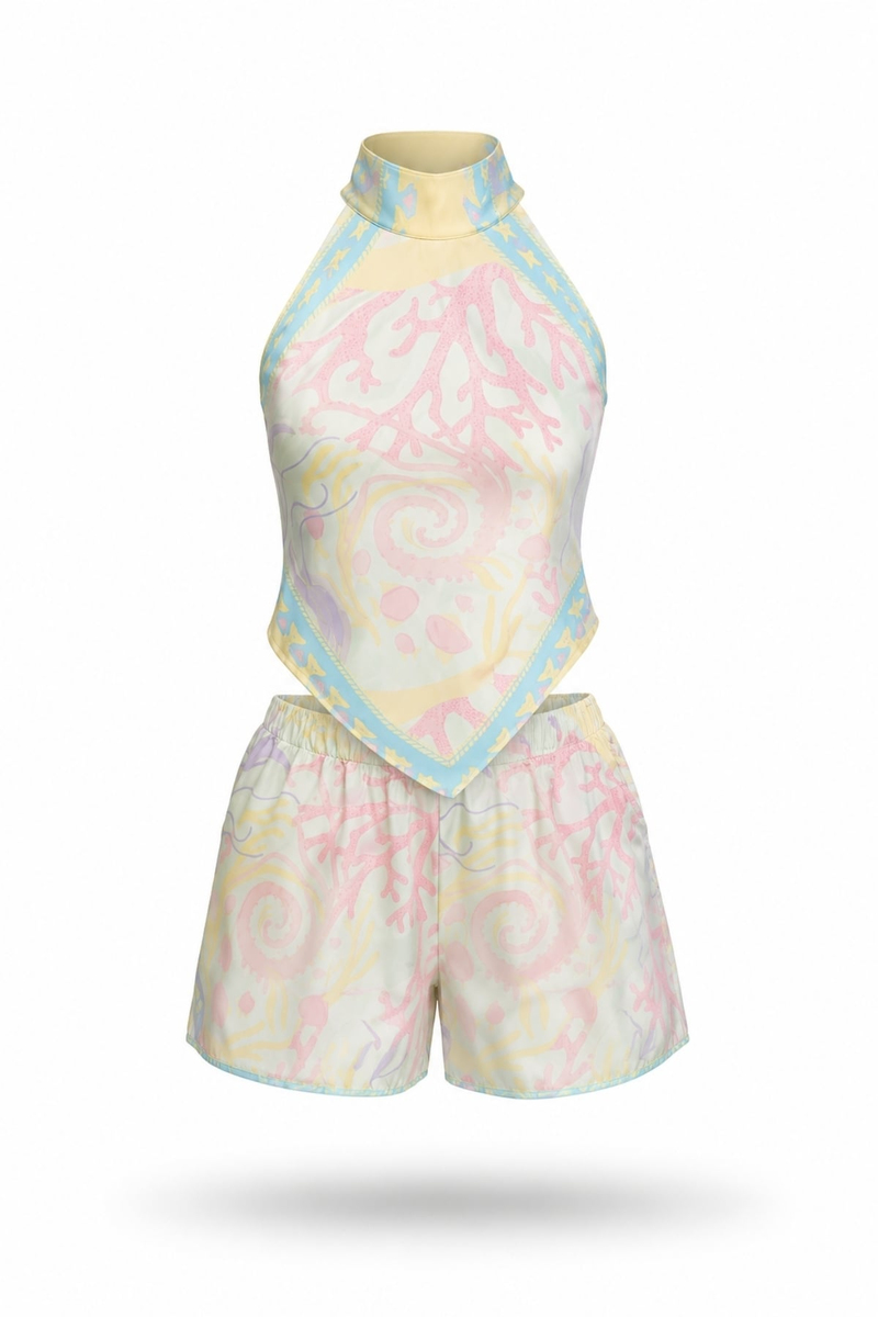 Pembe Desenli Halter Yaka Bluz Şort Takım 5663