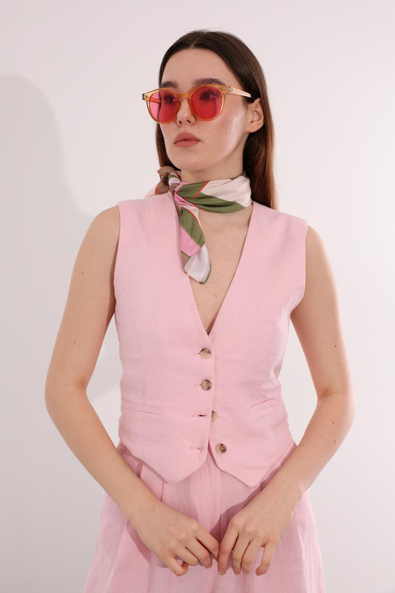 Pembe Düğmeli Keten Yelek 6011