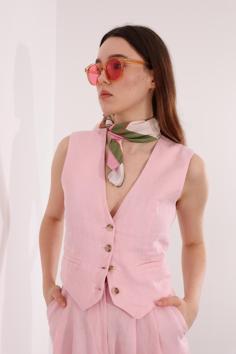 Pembe Düğmeli Keten Yelek 6011
