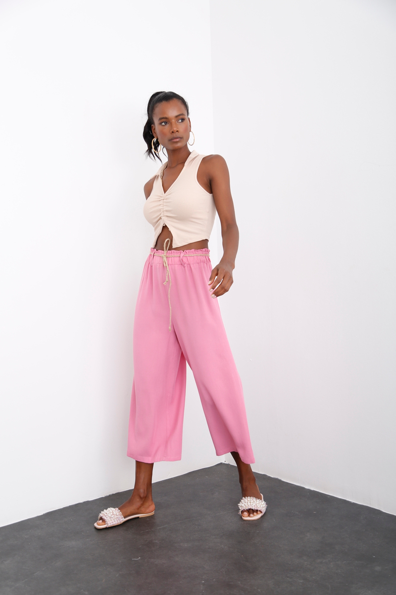Pembe Geniş Paça Keten Pantolon 50146