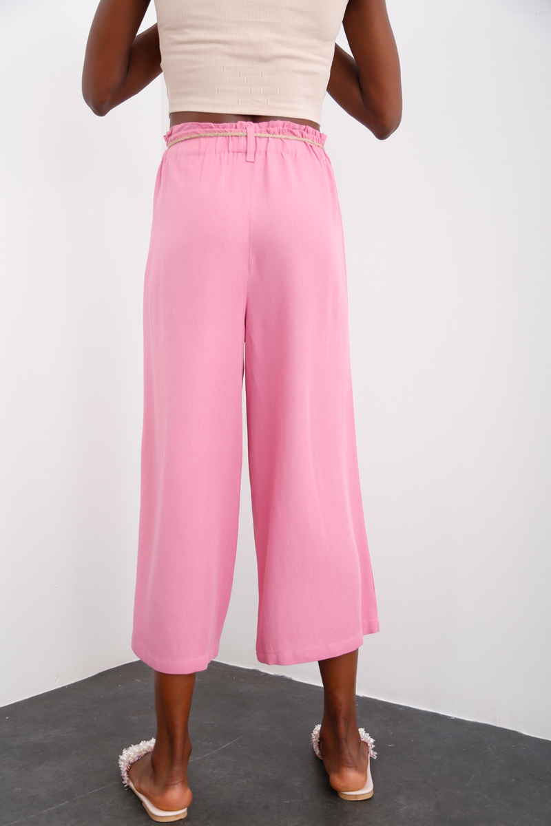 Pembe Geniş Paça Keten Pantolon 50146