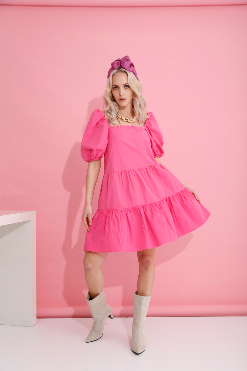 Pembe Kare Yaka Mini Elbise 