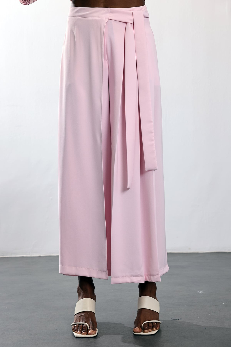 Pembe Kendinden Kuşaklı Pileli Pantolon 8359