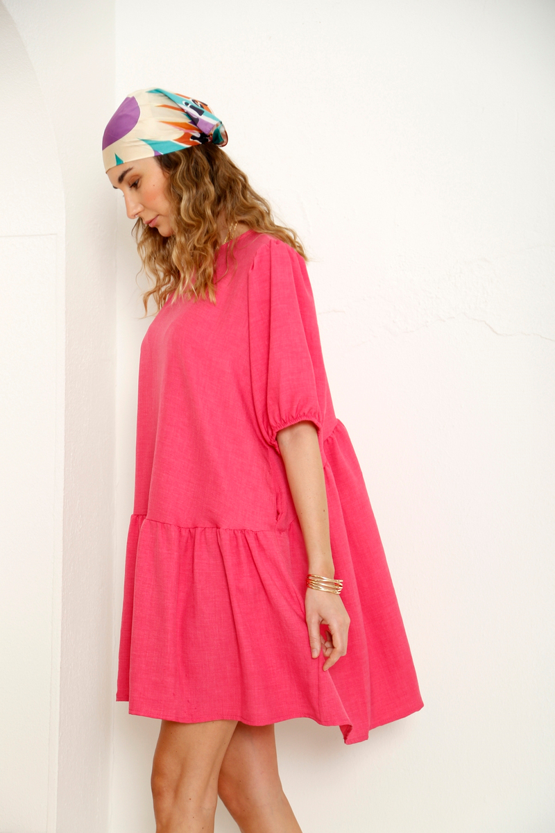Pembe Kolları Lastikli Salaş Elbise 0009