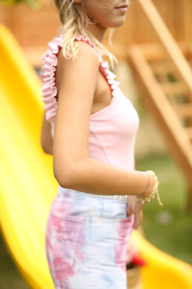 Pembe Kolu Fırfırlı Bodysuit 1477