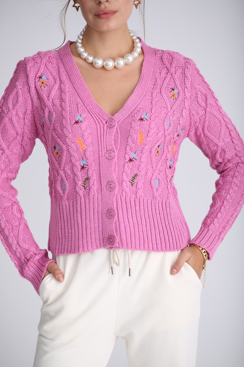 Pembe Nakışlı Hırka 7001