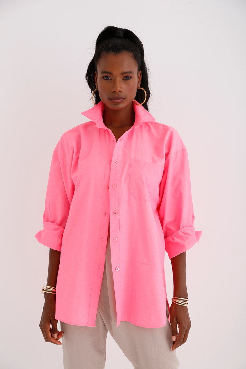 Pembe Neon Arkası Uzun Cepli Gömlek 