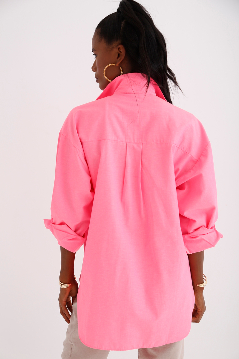 Pembe Neon Arkası Uzun Cepli Gömlek 