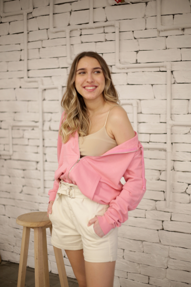 Pembe Önü Fermuarlı Kapşonlu Sweatshirt 2614