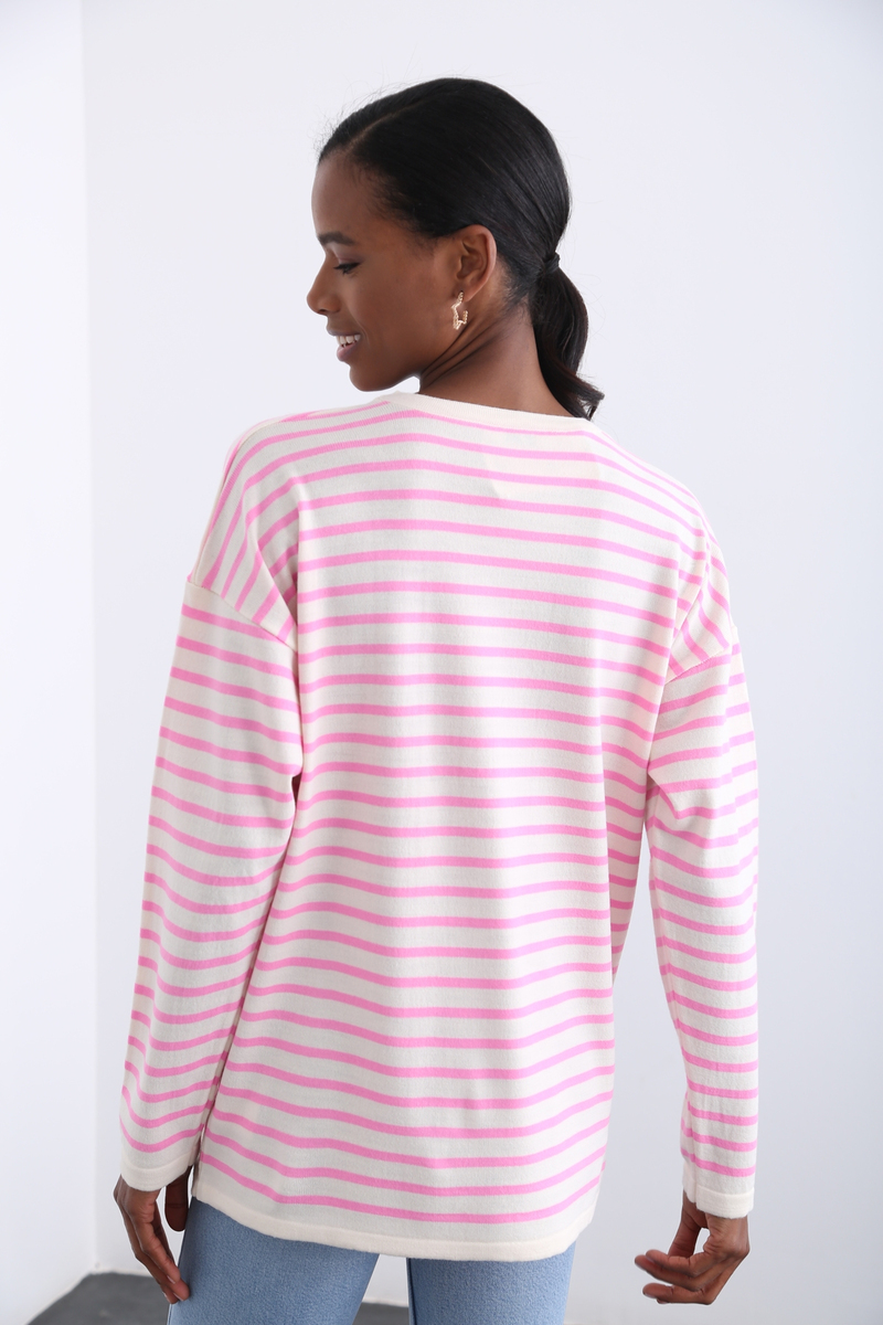 Pembe Oversize Çizgili Triko 13034