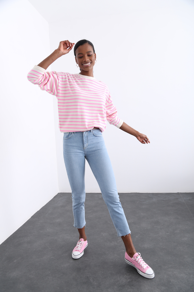 Pembe Oversize Çizgili Triko 13034