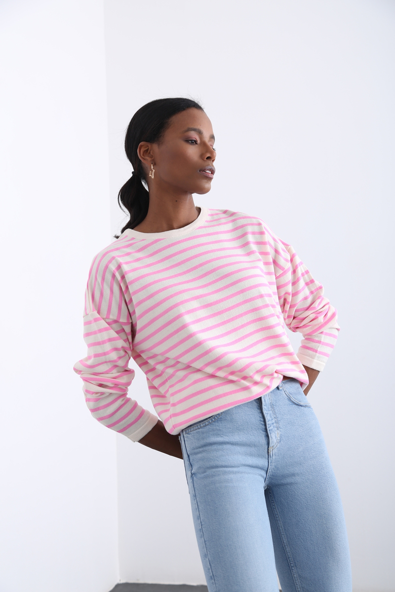 Pembe Oversize Çizgili Triko 13034