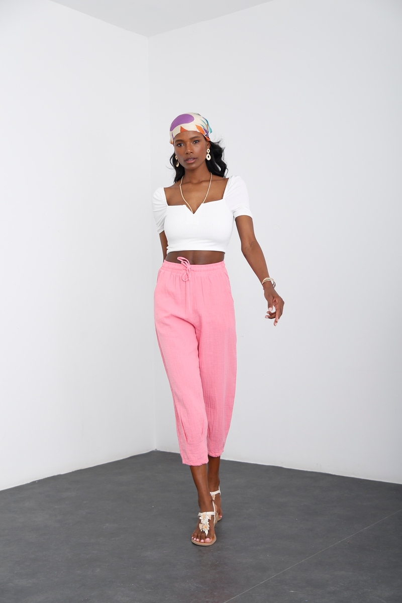 Pembe Paçası Pileli Müslin Pantolon 0255