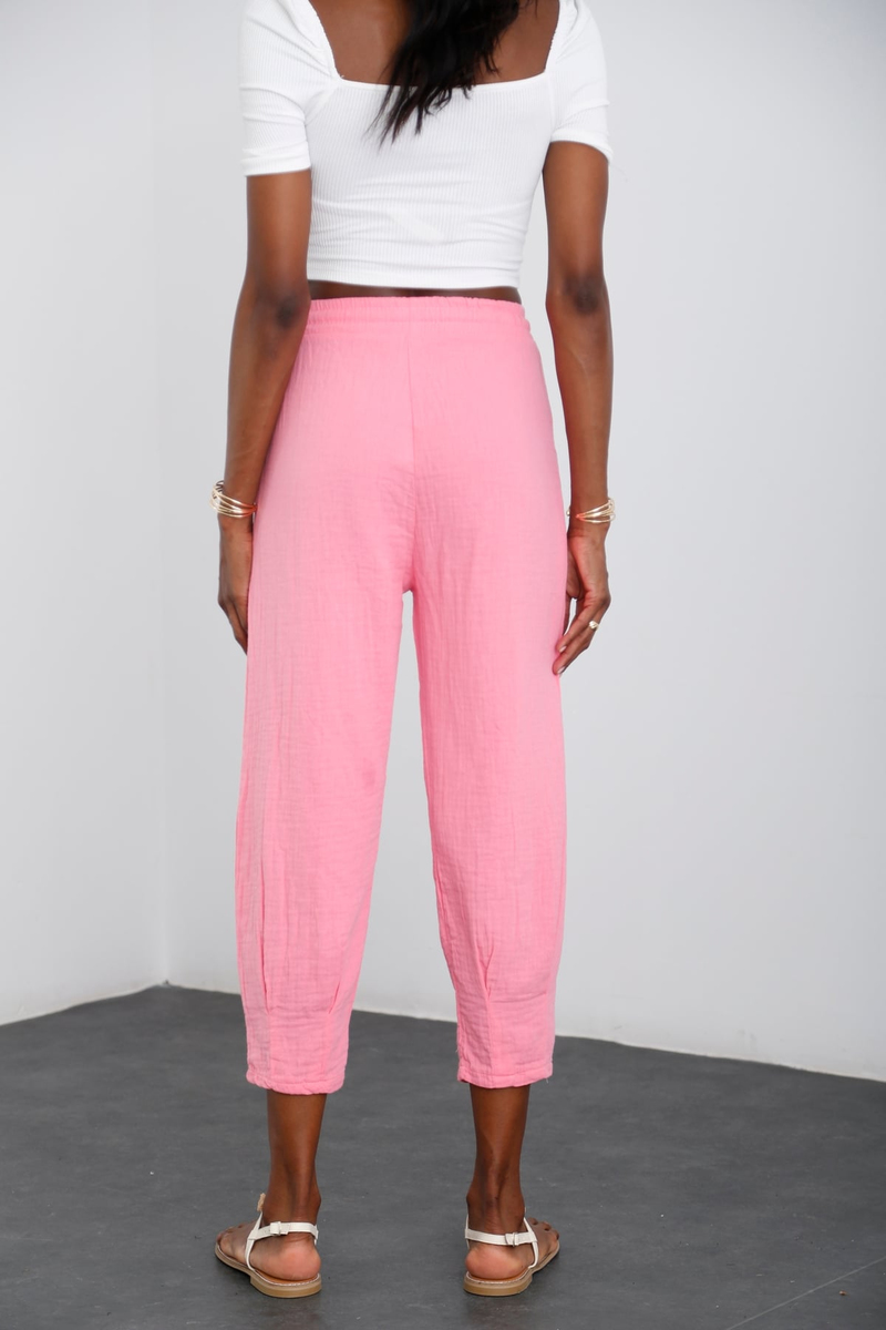 Pembe Paçası Pileli Müslin Pantolon 0255
