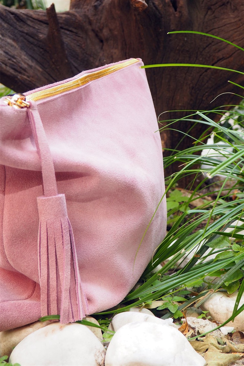 Pembe Pembe Süet Deri Clutch