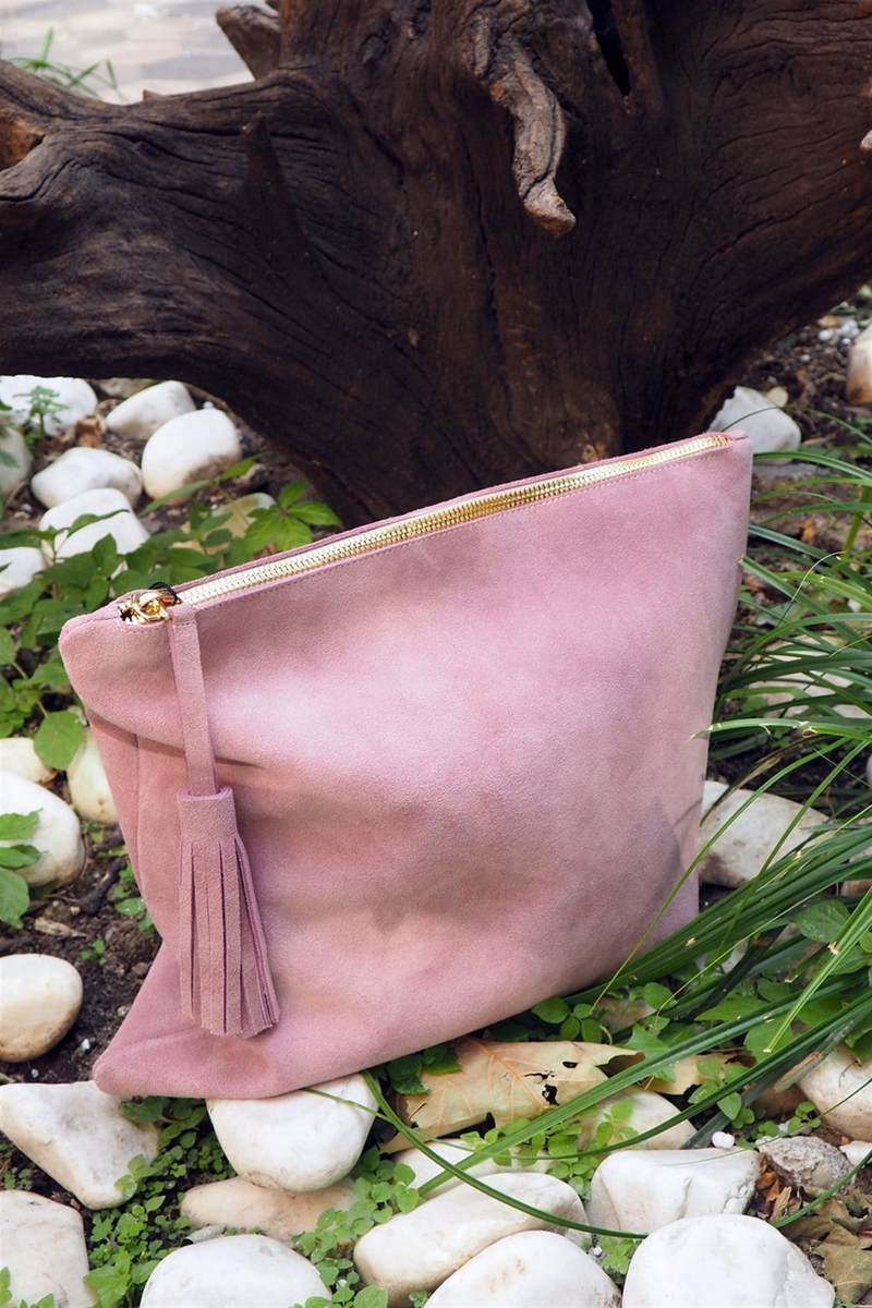 Pembe Pembe Süet Deri Clutch