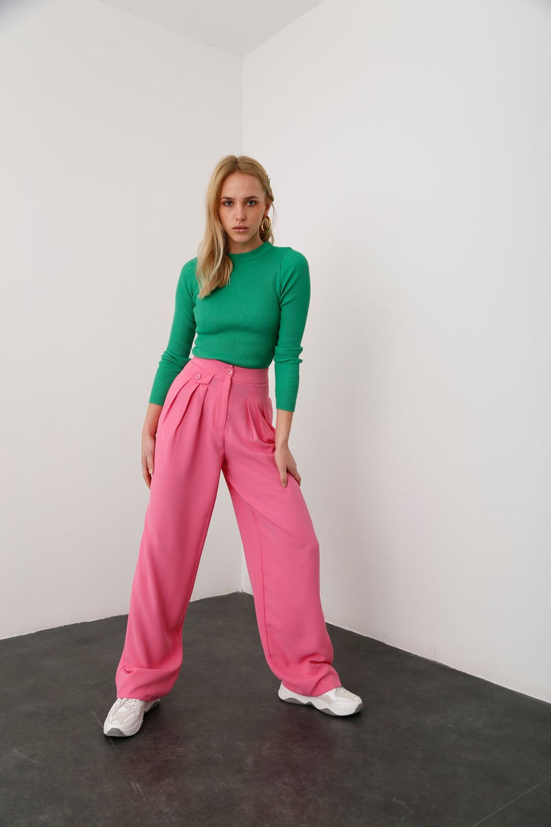 Pembe Pile Detaylı Krep Pantolon 1463