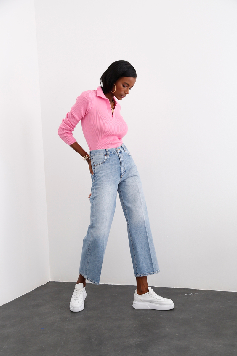 Pembe Polo Yaka Fitilli Triko 7005