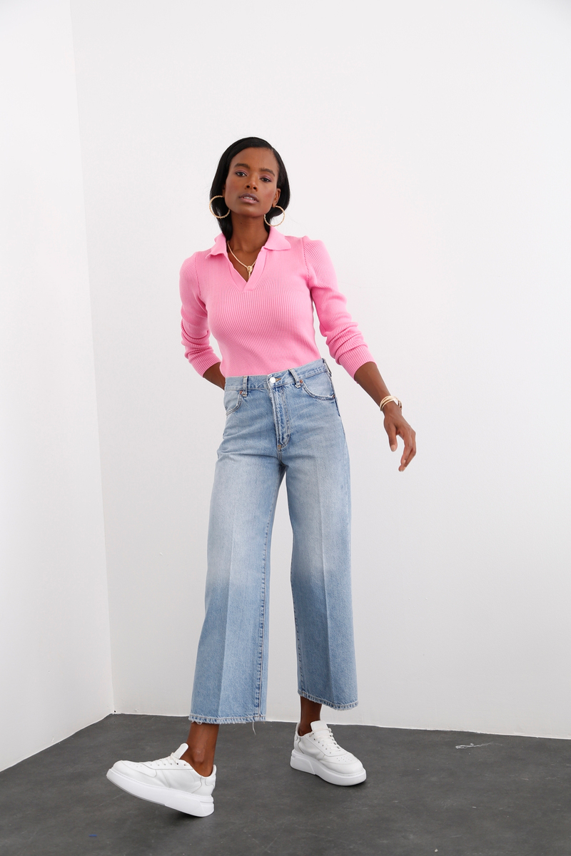 Pembe Polo Yaka Fitilli Triko 7005