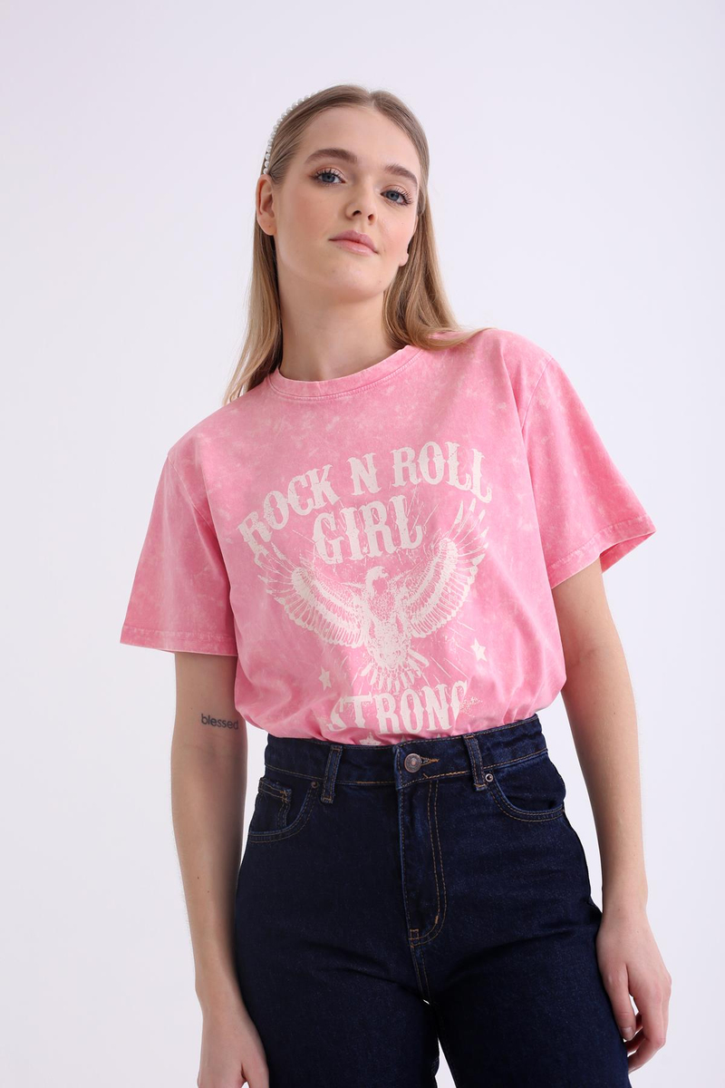 Pembe Rock Baskılı Tshirt 14155