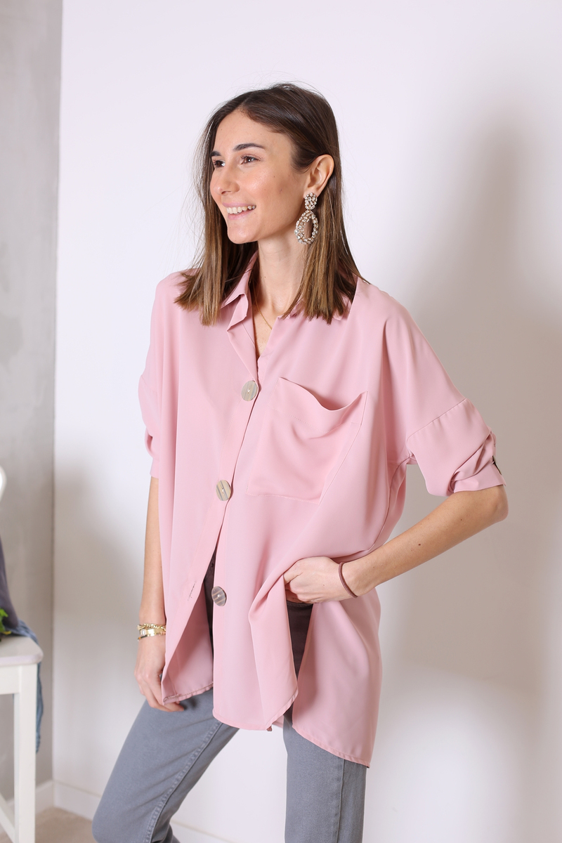 Pembe Sedef Düğmeli Oversize Gömlek 4236