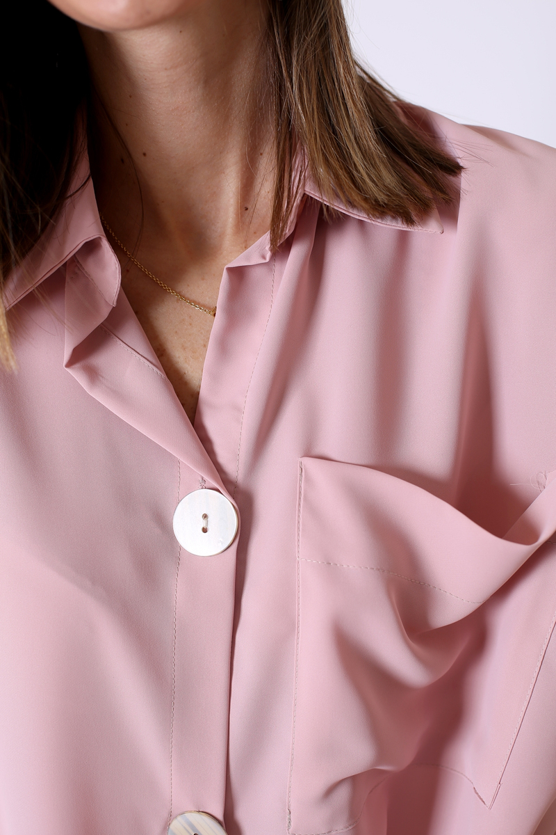 Pembe Sedef Düğmeli Oversize Gömlek 4236