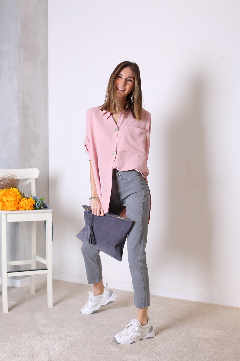 Pembe Sedef Düğmeli Oversize Gömlek 4236