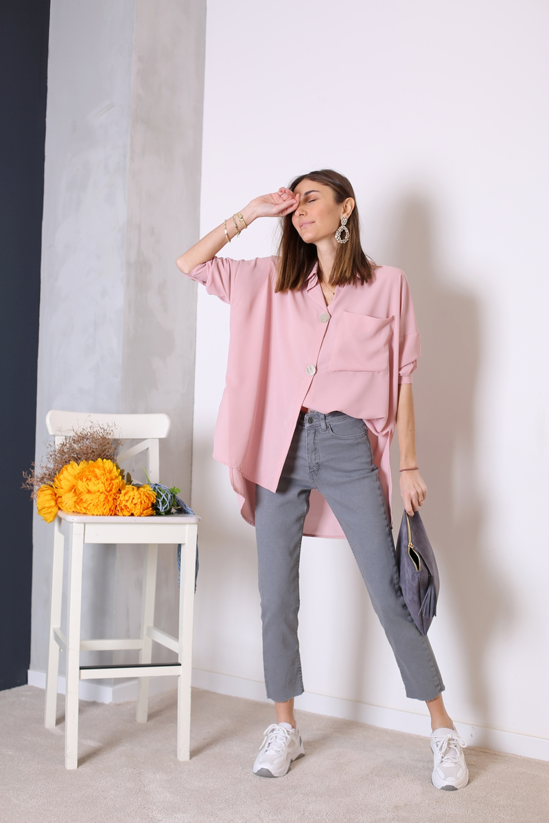 Pembe Sedef Düğmeli Oversize Gömlek 4236