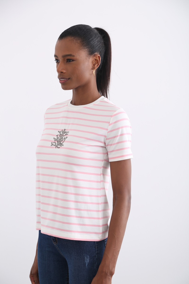 Pembe Taş İşlemeli Çizgili Tshirt 12047