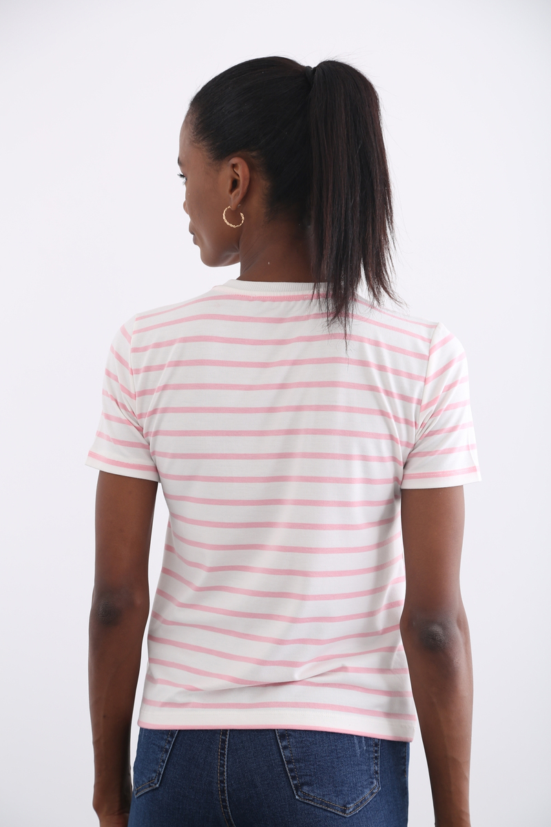 Pembe Taş İşlemeli Çizgili Tshirt 12047