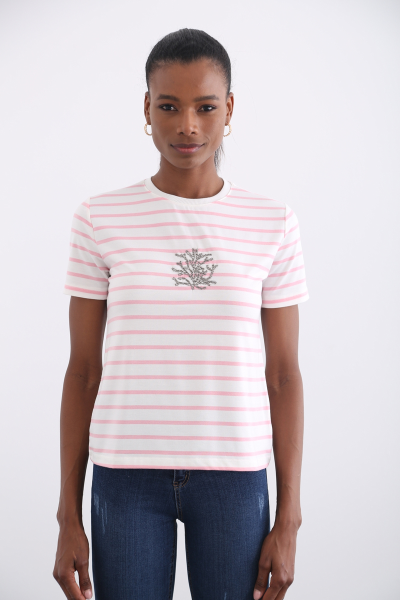 Pembe Taş İşlemeli Çizgili Tshirt 12047