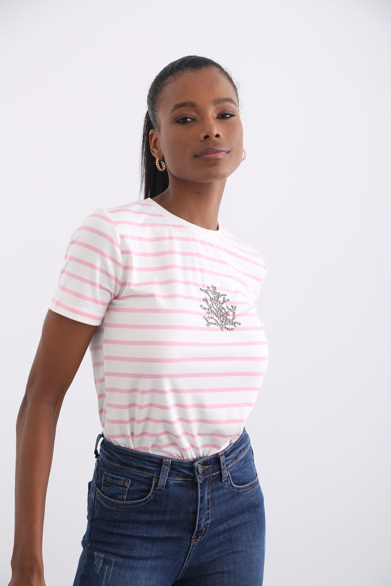 Pembe Taş İşlemeli Çizgili Tshirt 12047