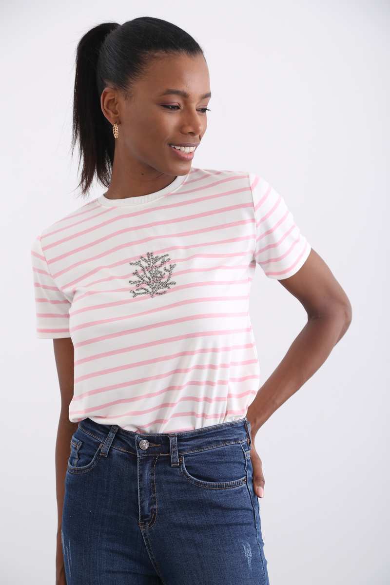 Pembe Taş İşlemeli Çizgili Tshirt 12047