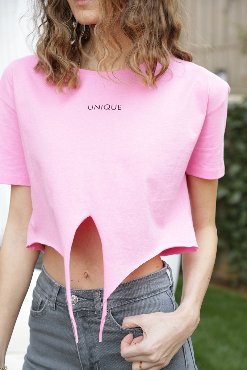 Pembe Unique Baskılı Crop Tshirt 