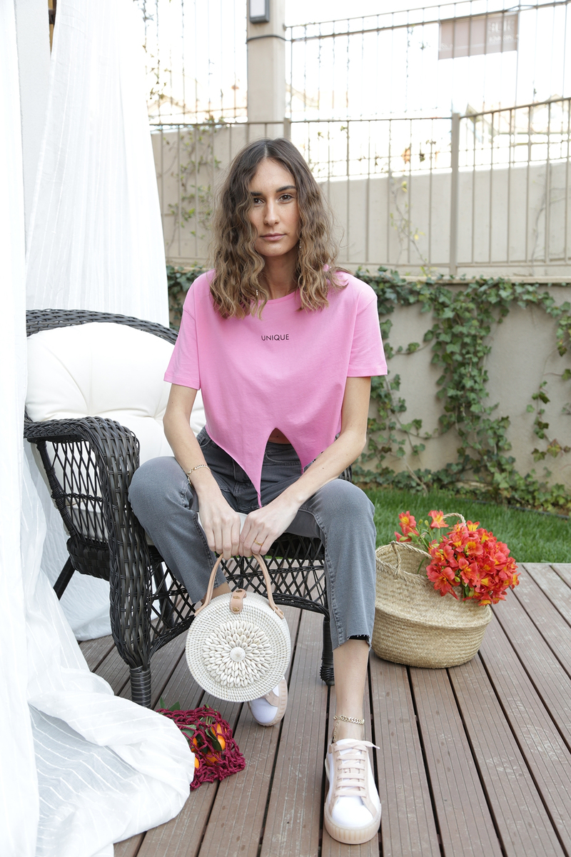 Pembe Unique Baskılı Crop Tshirt 