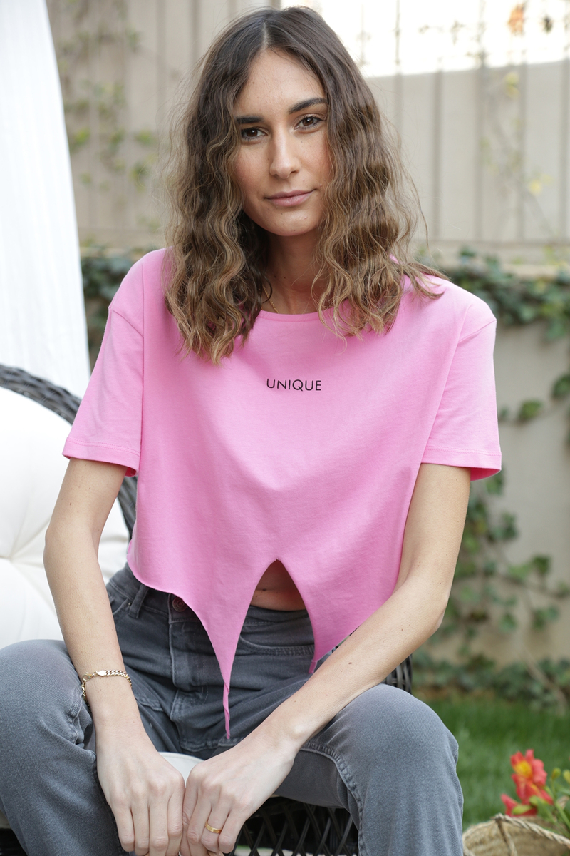 Pembe Unique Baskılı Crop Tshirt 