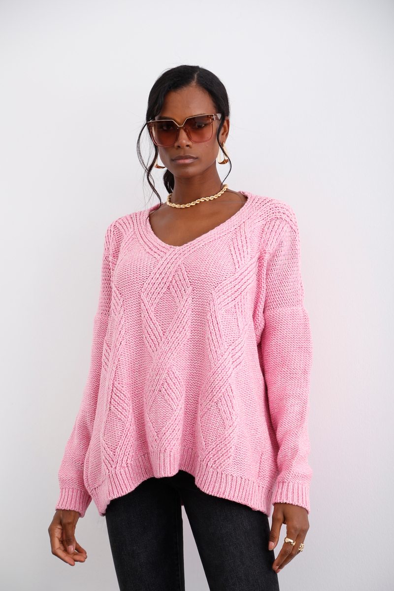 Pembe V Yaka Oversize Kazak 