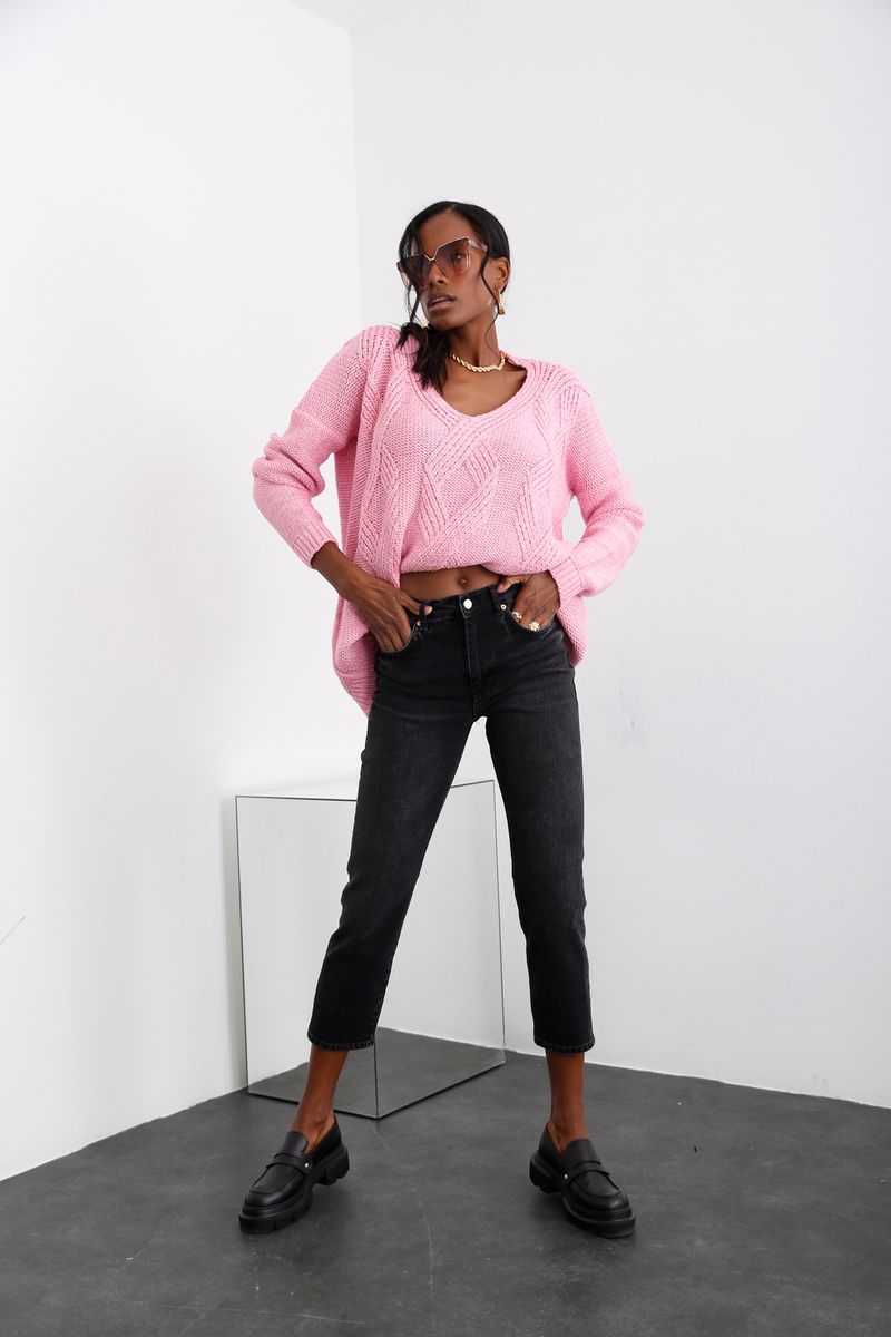 Pembe V Yaka Oversize Kazak 
