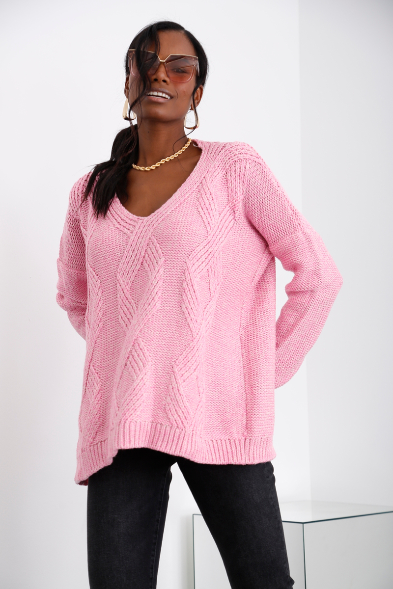 Pembe V Yaka Oversize Kazak 